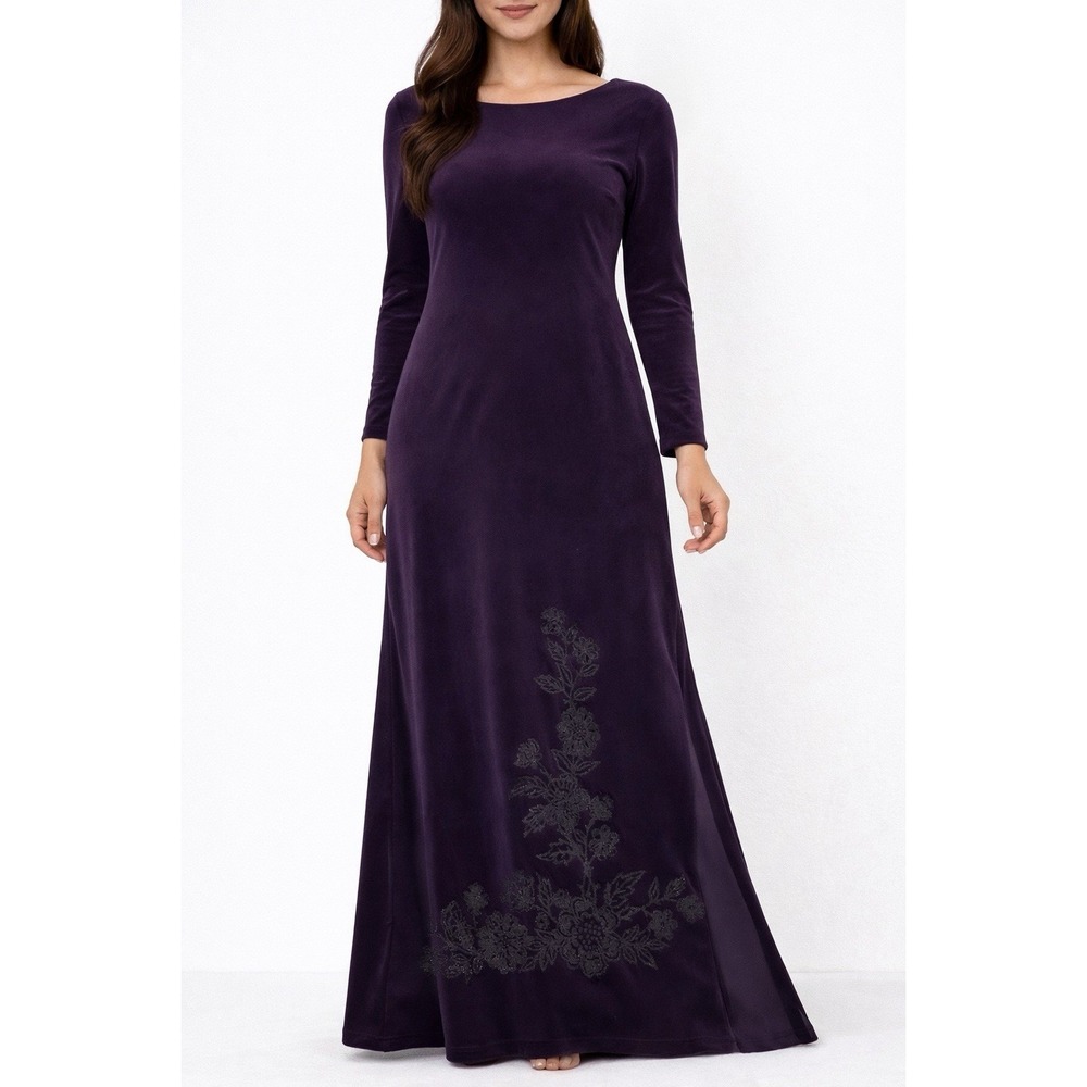 Style Studio Size Large Purple Velour Velvet Floral Beaded Floral Long Dress